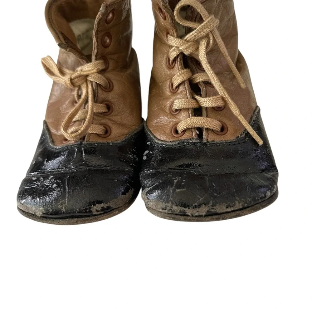 Antique Victorian Brown and Black Leather Lace up infant Baby Shoes As Is
